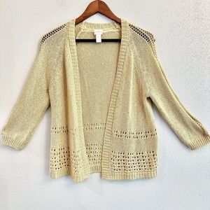 Chicos Sweater Open Front sz 0 (Small) Shine Cardigan 3/4 sleeve raffia‎ Gold